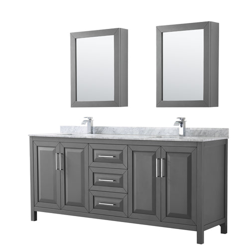 Wyndham Daria 80 Inch Double Bathroom Vanity in Dark Gray, White Carrara Marble Countertop, Undermount Square Sinks, and Medicine Cabinets- Wyndham