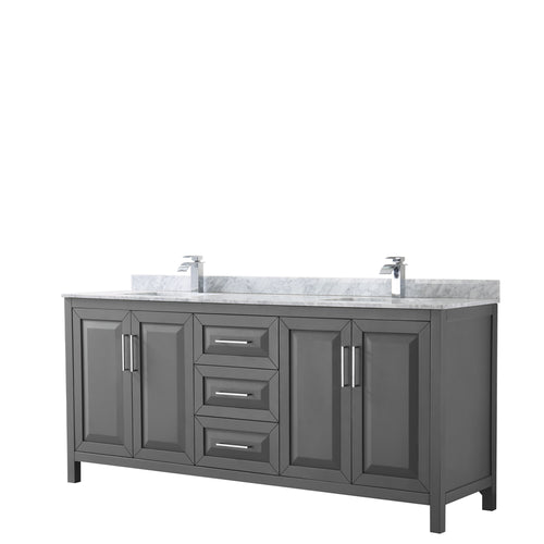 Wyndham Daria 80 Inch Double Bathroom Vanity in Dark Gray, White Carrara Marble Countertop, Undermount Square Sinks, and No Mirror- Wyndham