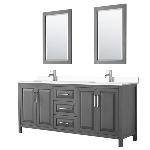 Wyndham Daria 80 Inch Double Bathroom Vanity in Dark Gray, White Cultured Marble Countertop, Undermount Square Sinks, 24 Inch Mirrors- Wyndham