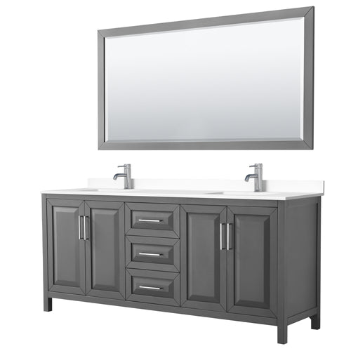 Wyndham Daria 80 Inch Double Bathroom Vanity in Dark Gray, White Cultured Marble Countertop, Undermount Square Sinks, 70 Inch Mirror- Wyndham