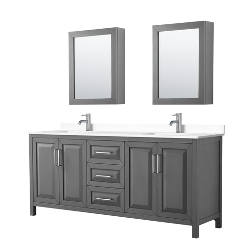 Wyndham Daria 80 Inch Double Bathroom Vanity in Dark Gray, White Cultured Marble Countertop, Undermount Square Sinks, Medicine Cabinets- Wyndham
