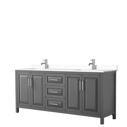 Wyndham Daria 80 Inch Double Bathroom Vanity in Dark Gray, White Cultured Marble Countertop, Undermount Square Sinks, No Mirror- Wyndham