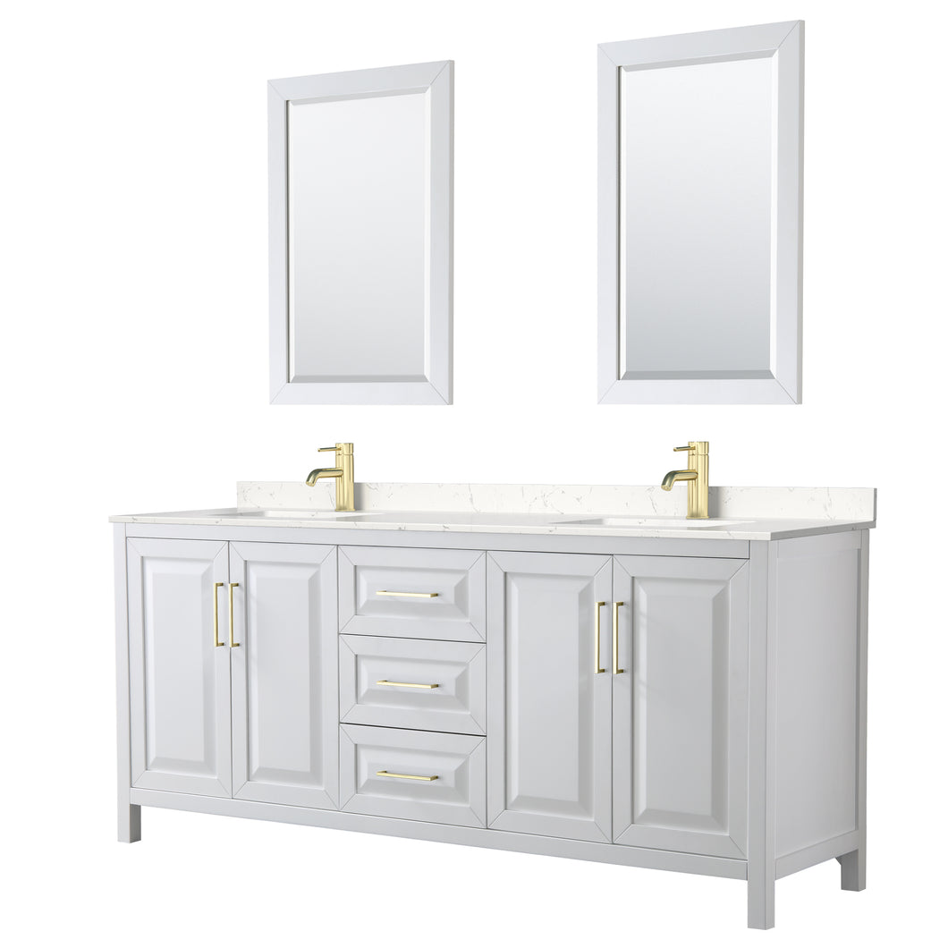 Wyndham Daria 80 Inch Double Bathroom Vanity in White, Light-Vein Carrara Cultured Marble Countertop, Undermount Square Sinks, 24 Inch Mirrors, Brushed Gold Trim- Wyndham