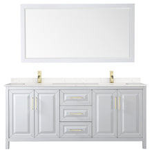 Load image into Gallery viewer, Wyndham Daria 80 Inch Double Bathroom Vanity in White, Light-Vein Carrara Cultured Marble Countertop, Undermount Square Sinks, 70 Inch Mirror, Brushed Gold Trim- Wyndham
