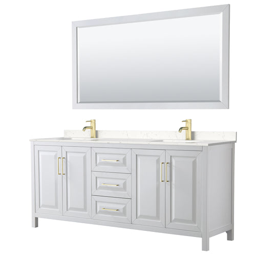 Wyndham Daria 80 Inch Double Bathroom Vanity in White, Light-Vein Carrara Cultured Marble Countertop, Undermount Square Sinks, 70 Inch Mirror, Brushed Gold Trim- Wyndham