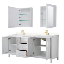 Load image into Gallery viewer, Wyndham Daria 80 Inch Double Bathroom Vanity in White, Light-Vein Carrara Cultured Marble Countertop, Undermount Square Sinks, Medicine Cabinets, Brushed Gold Trim- Wyndham
