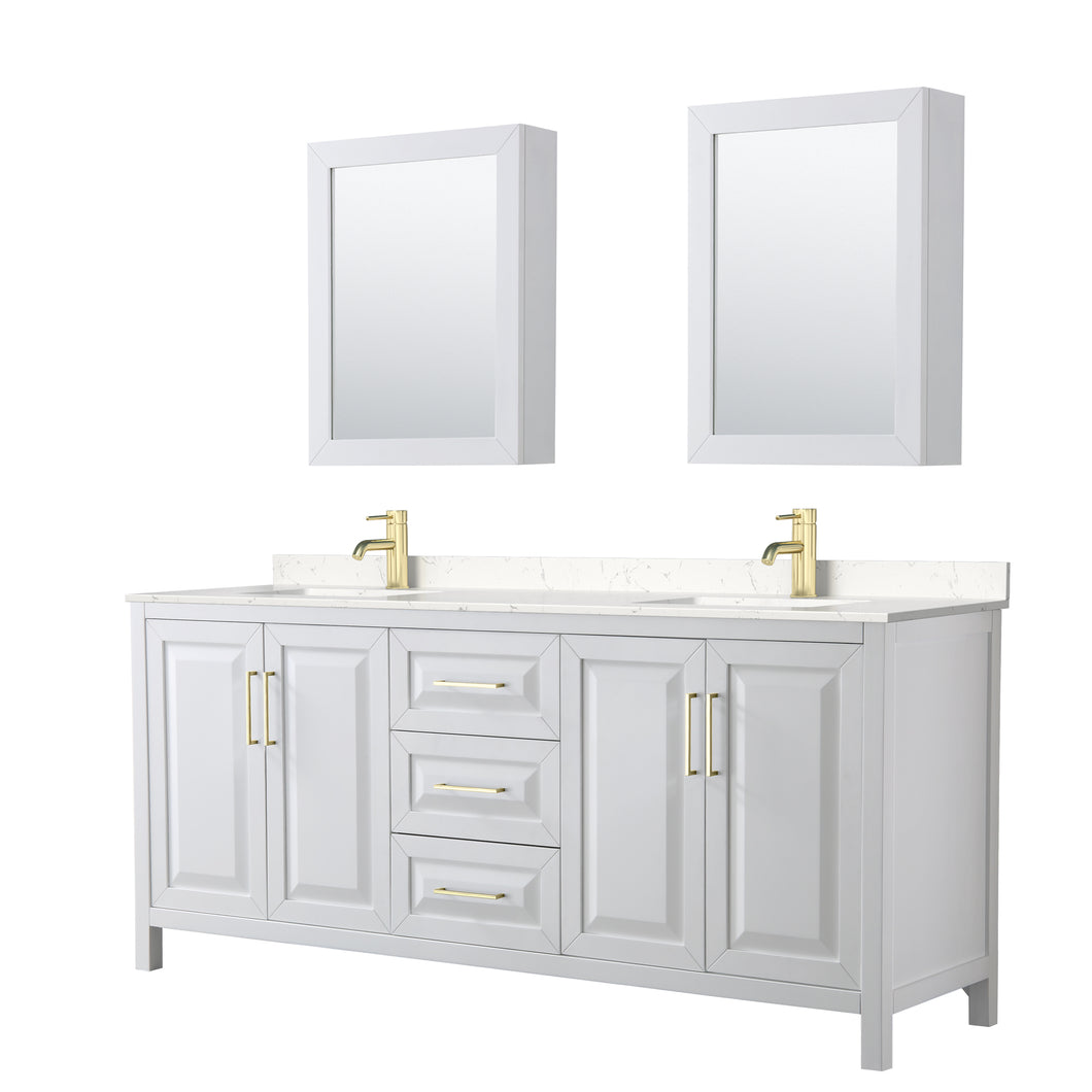 Wyndham Daria 80 Inch Double Bathroom Vanity in White, Light-Vein Carrara Cultured Marble Countertop, Undermount Square Sinks, Medicine Cabinets, Brushed Gold Trim- Wyndham