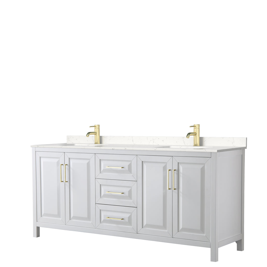 Wyndham Daria 80 Inch Double Bathroom Vanity in White, Light-Vein Carrara Cultured Marble Countertop, Undermount Square Sinks, Brushed Gold Trim- Wyndham
