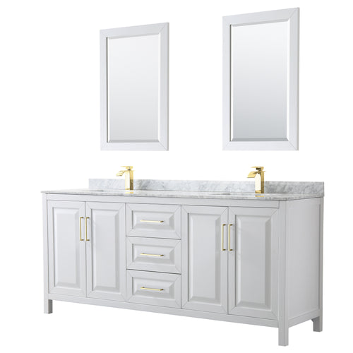 Wyndham Daria 80 Inch Double Bathroom Vanity in White, White Carrara Marble Countertop, Undermount Square Sinks, 24 Inch Mirrors, Brushed Gold Trim- Wyndham