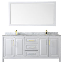 Load image into Gallery viewer, Wyndham Daria 80 Inch Double Bathroom Vanity in White, White Carrara Marble Countertop, Undermount Square Sinks, 70 Inch Mirror, Brushed Gold Trim- Wyndham