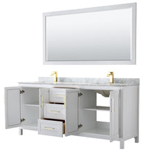 Load image into Gallery viewer, Wyndham Daria 80 Inch Double Bathroom Vanity in White, White Carrara Marble Countertop, Undermount Square Sinks, 70 Inch Mirror, Brushed Gold Trim- Wyndham