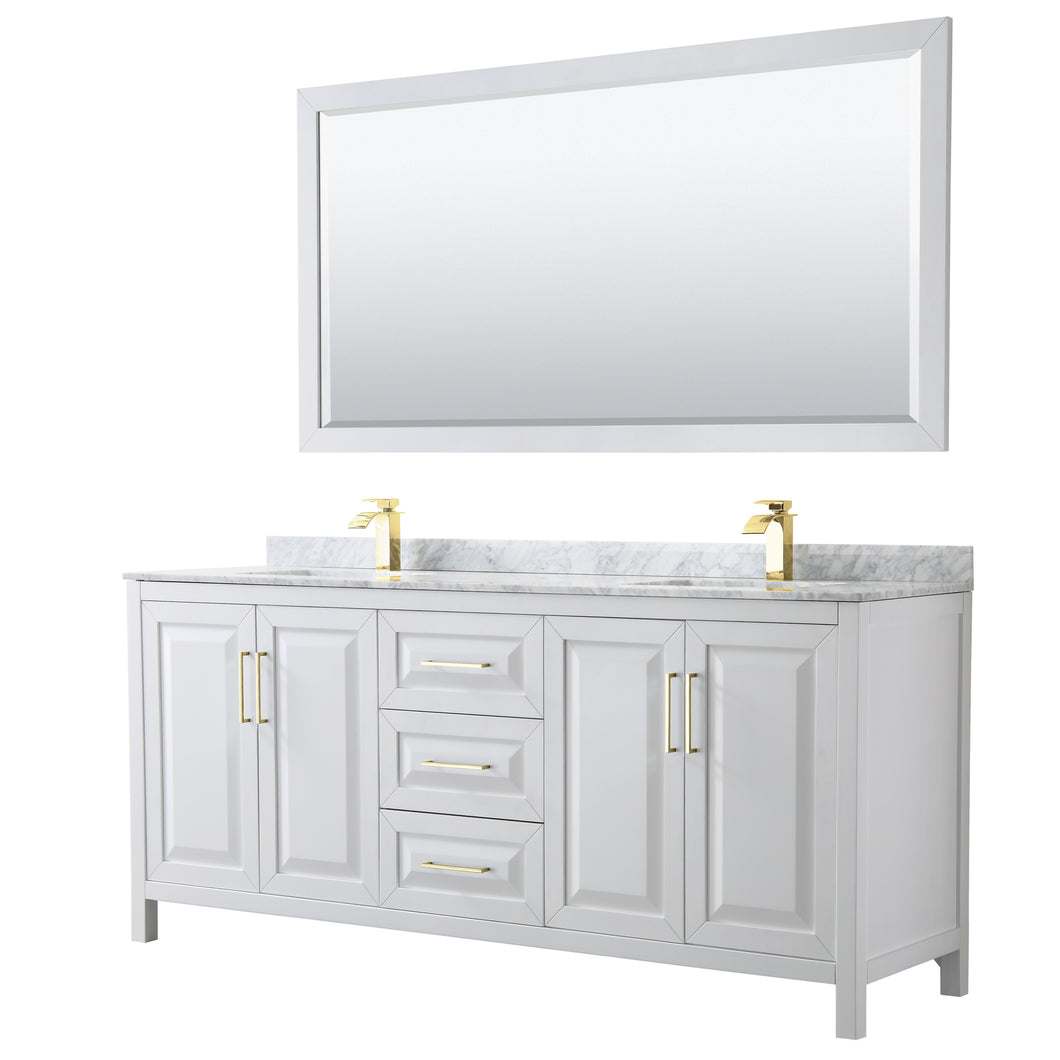 Wyndham Daria 80 Inch Double Bathroom Vanity in White, White Carrara Marble Countertop, Undermount Square Sinks, 70 Inch Mirror, Brushed Gold Trim- Wyndham