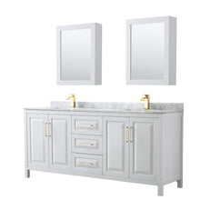 Load image into Gallery viewer, Wyndham Daria 80 Inch Double Bathroom Vanity in White, White Carrara Marble Countertop, Undermount Square Sinks, Medicine Cabinets, Brushed Gold Trim- Wyndham