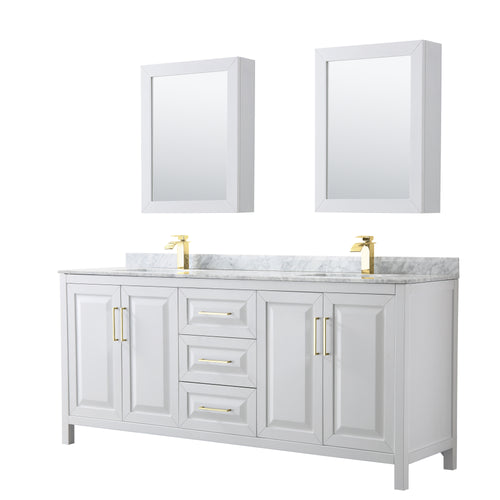 Wyndham Daria 80 Inch Double Bathroom Vanity in White, White Carrara Marble Countertop, Undermount Square Sinks, Medicine Cabinets, Brushed Gold Trim- Wyndham