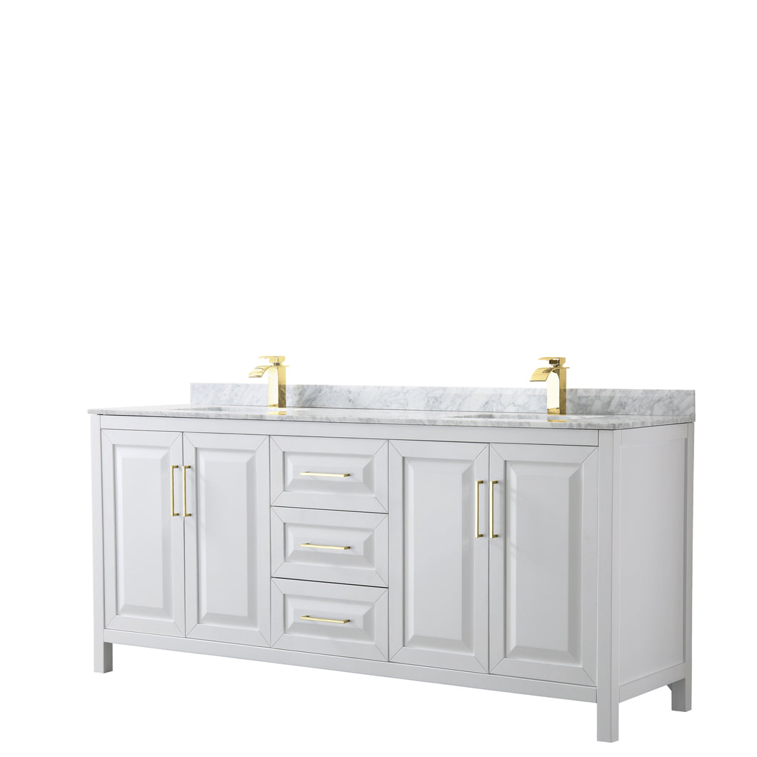 Wyndham Daria 80 Inch Double Bathroom Vanity in White, White Carrara Marble Countertop, Undermount Square Sinks, Brushed Gold Trim- Wyndham