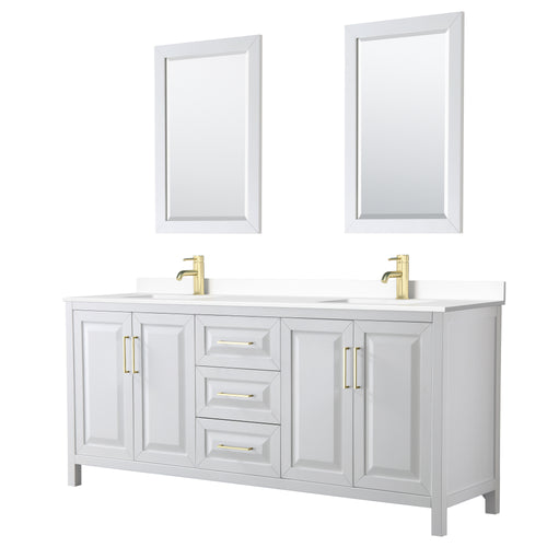 Wyndham Daria 80 Inch Double Bathroom Vanity in White, White Cultured Marble Countertop, Undermount Square Sinks, 24 Inch Mirrors, Brushed Gold Trim- Wyndham