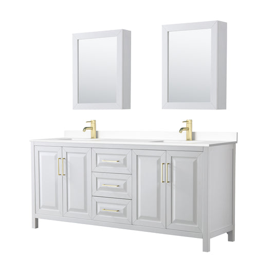 Wyndham Daria 80 Inch Double Bathroom Vanity in White, White Cultured Marble Countertop, Undermount Square Sinks, Medicine Cabinets, Brushed Gold Trim- Wyndham