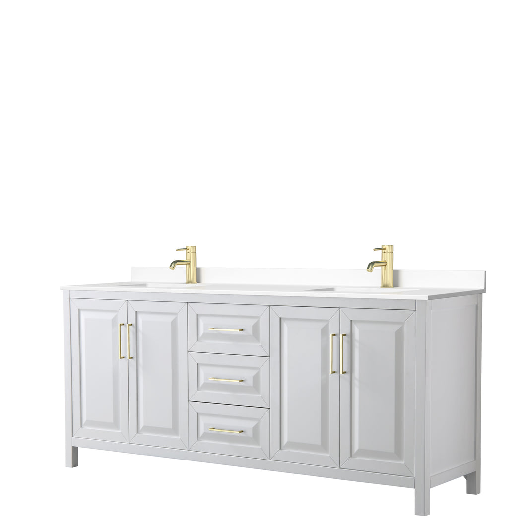 Wyndham Daria 80 Inch Double Bathroom Vanity in White, White Cultured Marble Countertop, Undermount Square Sinks, Brushed Gold Trim- Wyndham