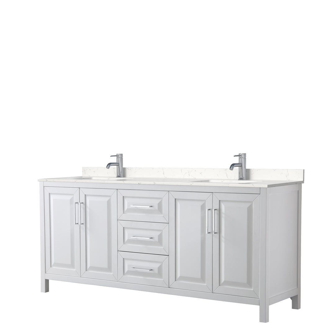 Wyndham Daria 80 Inch Double Bathroom Vanity in White, Light-Vein Carrara Cultured Marble Countertop, Undermount Square Sinks, No Mirror- Wyndham