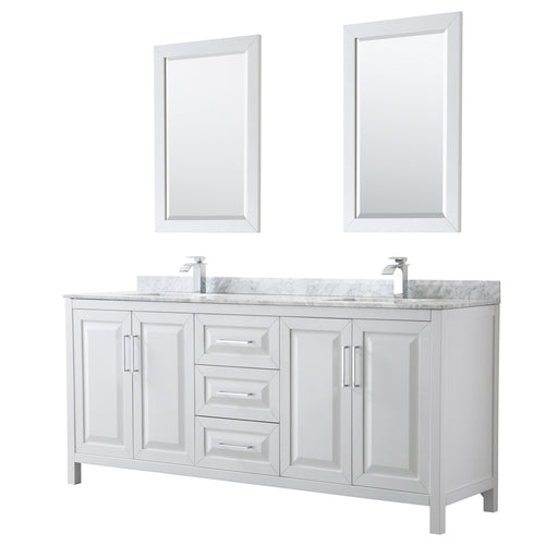 Wyndham Daria 80 Inch Double Bathroom Vanity in White, White Carrara Marble Countertop, Undermount Square Sinks, and 24 Inch Mirrors- Wyndham