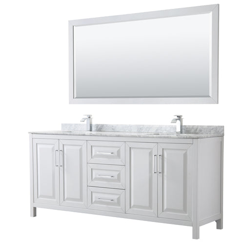 Wyndham Daria 80 Inch Double Bathroom Vanity in White, White Carrara Marble Countertop, Undermount Square Sinks, and 70 Inch Mirror- Wyndham