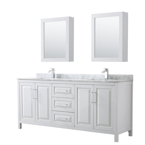 Wyndham Daria 80 Inch Double Bathroom Vanity in White, White Carrara Marble Countertop, Undermount Square Sinks, and Medicine Cabinets- Wyndham