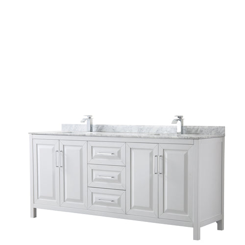 Wyndham Daria 80 Inch Double Bathroom Vanity in White, White Carrara Marble Countertop, Undermount Square Sinks, and No Mirror- Wyndham