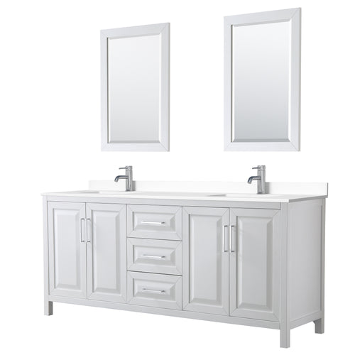 Wyndham Daria 80 Inch Double Bathroom Vanity in White, White Cultured Marble Countertop, Undermount Square Sinks, 24 Inch Mirrors- Wyndham