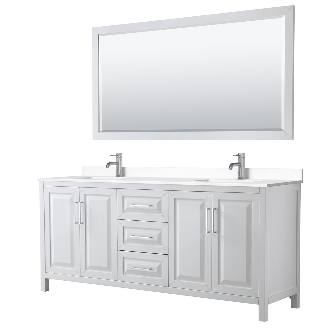 Wyndham Daria 80 Inch Double Bathroom Vanity in White, White Cultured Marble Countertop, Undermount Square Sinks, 70 Inch Mirror- Wyndham