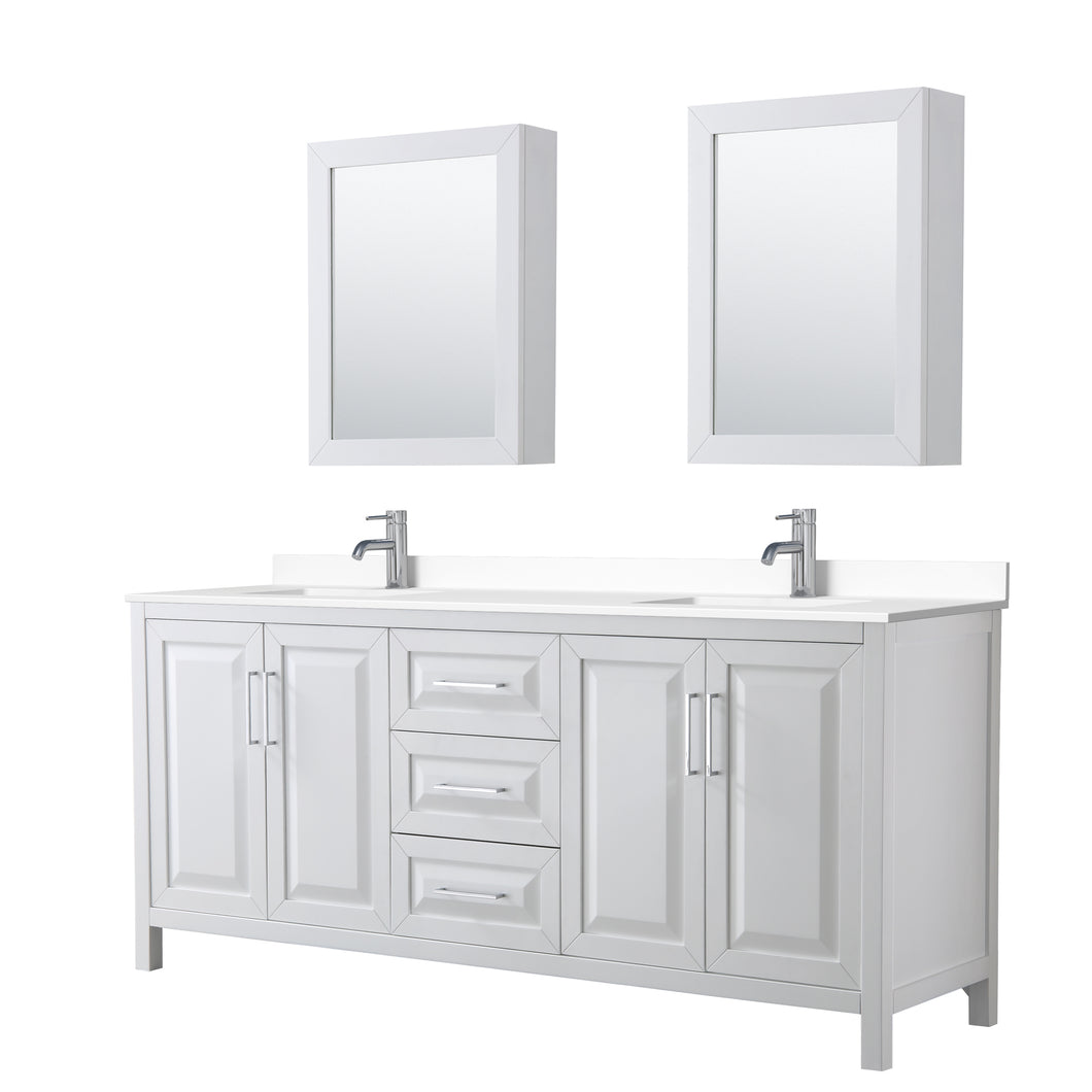 Wyndham Daria 80 Inch Double Bathroom Vanity in White, White Cultured Marble Countertop, Undermount Square Sinks, Medicine Cabinets- Wyndham