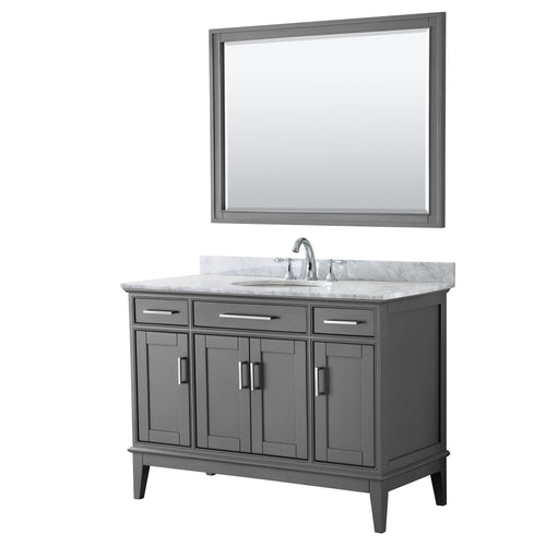 Wyndham Margate 48 Inch Single Bathroom Vanity in Dark Gray, White Carrara Marble Countertop, Undermount Oval Sink, and 44 Inch Mirror- Wyndham