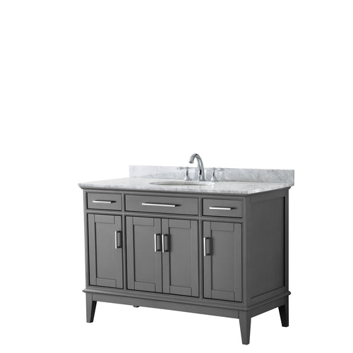 Wyndham Margate 48 Inch Single Bathroom Vanity in Dark Gray, White Carrara Marble Countertop, Undermount Oval Sink, and No Mirror- Wyndham