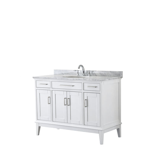 Wyndham Margate 48 Inch Single Bathroom Vanity in White, White Carrara Marble Countertop, Undermount Oval Sink, and No Mirror- Wyndham