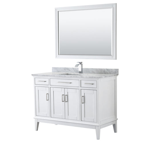 Wyndham Margate 48 Inch Single Bathroom Vanity in White, White Carrara Marble Countertop, Undermount Square Sink, and 44 Inch Mirror- Wyndham