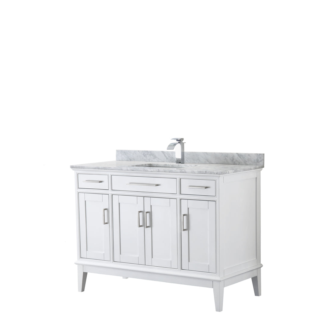 Wyndham Margate 48 Inch Single Bathroom Vanity in White, White Carrara Marble Countertop, Undermount Square Sink, and No Mirror- Wyndham