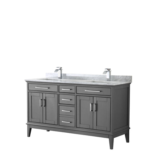 Wyndham Margate 60 Inch Double Bathroom Vanity in Dark Gray, White Carrara Marble Countertop, Undermount Square Sinks, and No Mirror- Wyndham