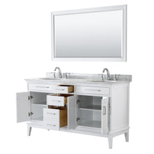 Load image into Gallery viewer, Wyndham Margate 60 Inch Double Bathroom Vanity in White, White Carrara Marble Countertop, Undermount Oval Sinks, and 56 Inch Mirror- Wyndham