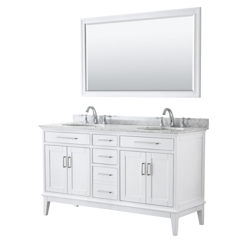 Wyndham Margate 60 Inch Double Bathroom Vanity in White, White Carrara Marble Countertop, Undermount Oval Sinks, and 56 Inch Mirror- Wyndham
