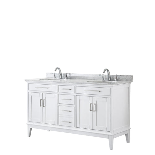 Wyndham Margate 60 Inch Double Bathroom Vanity in White, White Carrara Marble Countertop, Undermount Oval Sinks, and No Mirror- Wyndham