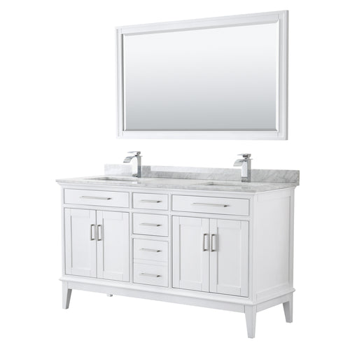 Wyndham Margate 60 Inch Double Bathroom Vanity in White, White Carrara Marble Countertop, Undermount Square Sinks, and 56 Inch Mirror- Wyndham
