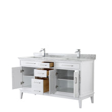 Load image into Gallery viewer, Wyndham Margate 60 Inch Double Bathroom Vanity in White, White Carrara Marble Countertop, Undermount Square Sinks, and No Mirror- Wyndham