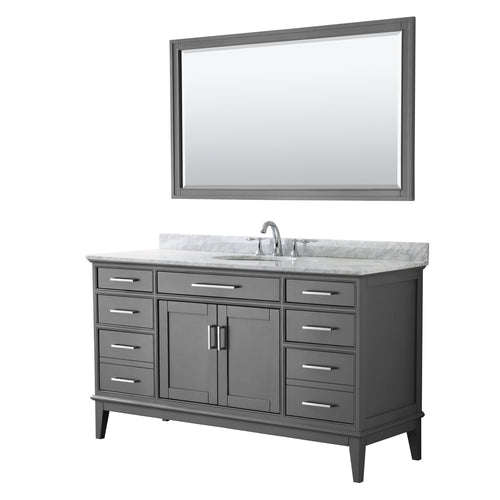 Wyndham Margate 60 Inch Single Bathroom Vanity in Dark Gray, White Carrara Marble Countertop, Undermount Oval Sink, and 56 Inch Mirror- Wyndham