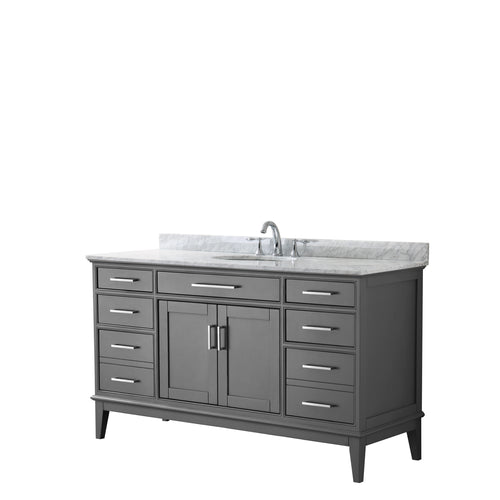 Wyndham Margate 60 Inch Single Bathroom Vanity in Dark Gray, White Carrara Marble Countertop, Undermount Oval Sink, and No Mirror- Wyndham