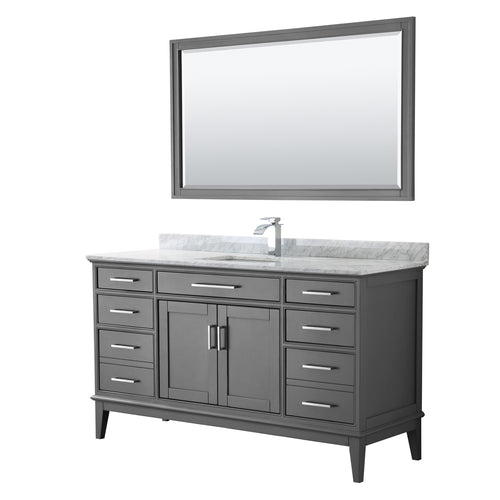 Wyndham Margate 60 Inch Single Bathroom Vanity in Dark Gray, White Carrara Marble Countertop, Undermount Square Sink, and 56 Inch Mirror- Wyndham