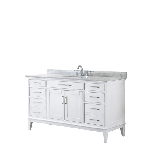 Wyndham Margate 60 Inch Single Bathroom Vanity in White, White Carrara Marble Countertop, Undermount Oval Sink, and No Mirror- Wyndham