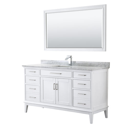 Wyndham Margate 60 Inch Single Bathroom Vanity in White, White Carrara Marble Countertop, Undermount Square Sink, and 56 Inch Mirror- Wyndham