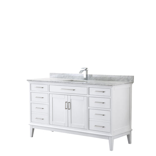Wyndham Margate 60 Inch Single Bathroom Vanity in White, White Carrara Marble Countertop, Undermount Square Sink, and No Mirror- Wyndham