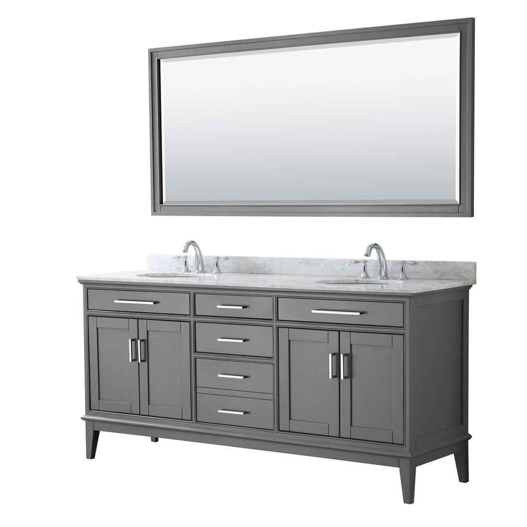 Wyndham Margate 72 Inch Double Bathroom Vanity in Dark Gray, White Carrara Marble Countertop, Undermount Oval Sinks, and 70 Inch Mirror- Wyndham