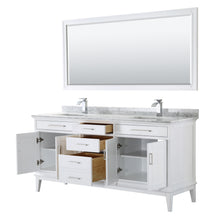 Load image into Gallery viewer, Wyndham Margate 72 Inch Double Bathroom Vanity in White, White Carrara Marble Countertop, Undermount Square Sinks, and 70 Inch Mirror- Wyndham