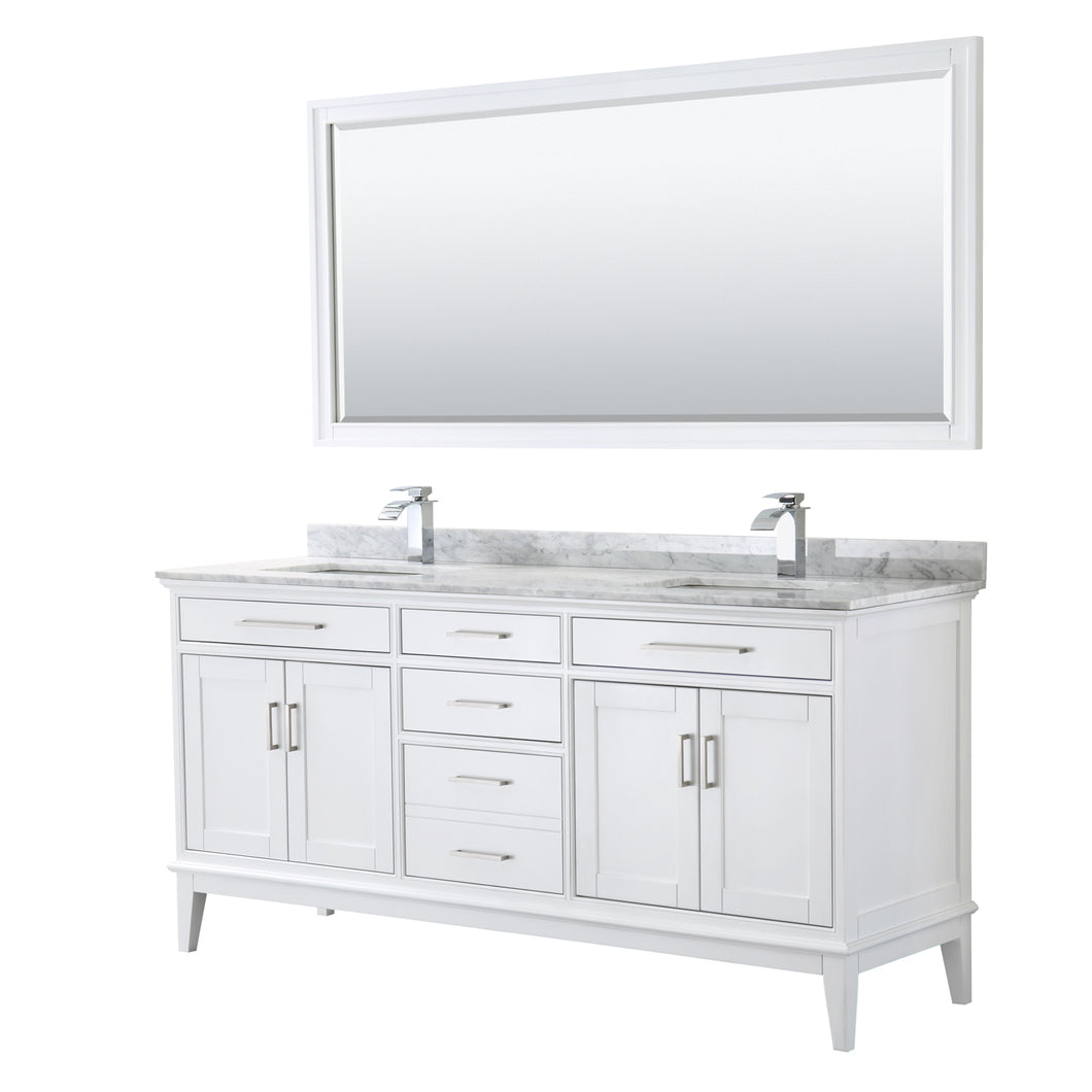 Wyndham Margate 72 Inch Double Bathroom Vanity in White, White Carrara Marble Countertop, Undermount Square Sinks, and 70 Inch Mirror- Wyndham